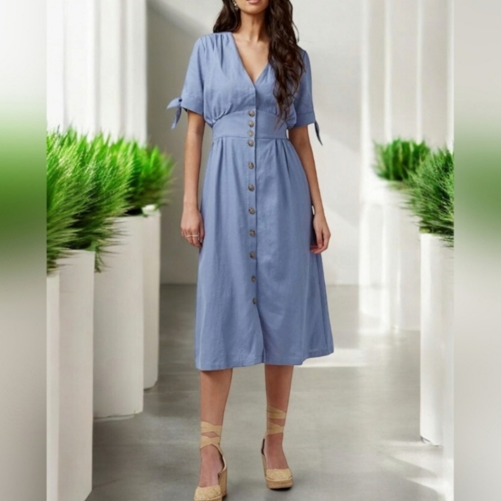 Buffalo David Bitton Womens Mariposa V-Neck Button Front Linen Blend Lined Dress